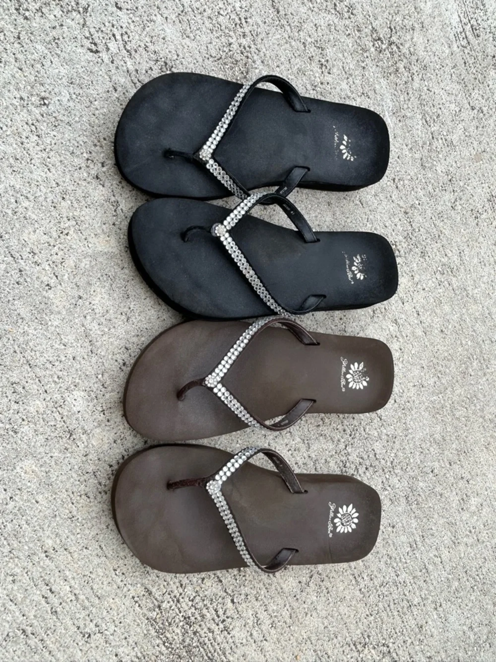 Yellow box Jellow Rhinestone Strap Flip Flops - Black & Brown- 2 pairs! - Picture 1 of 4